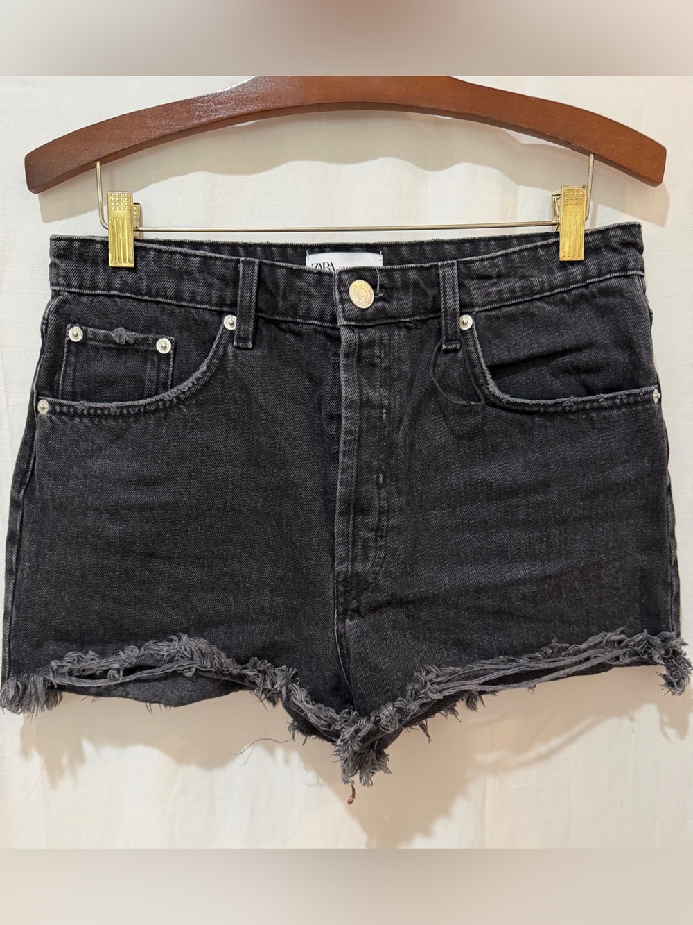 NWOT Zara Frayed Hem Distressed High Waist Denim Shorts Button Fly -Black- Sz 10